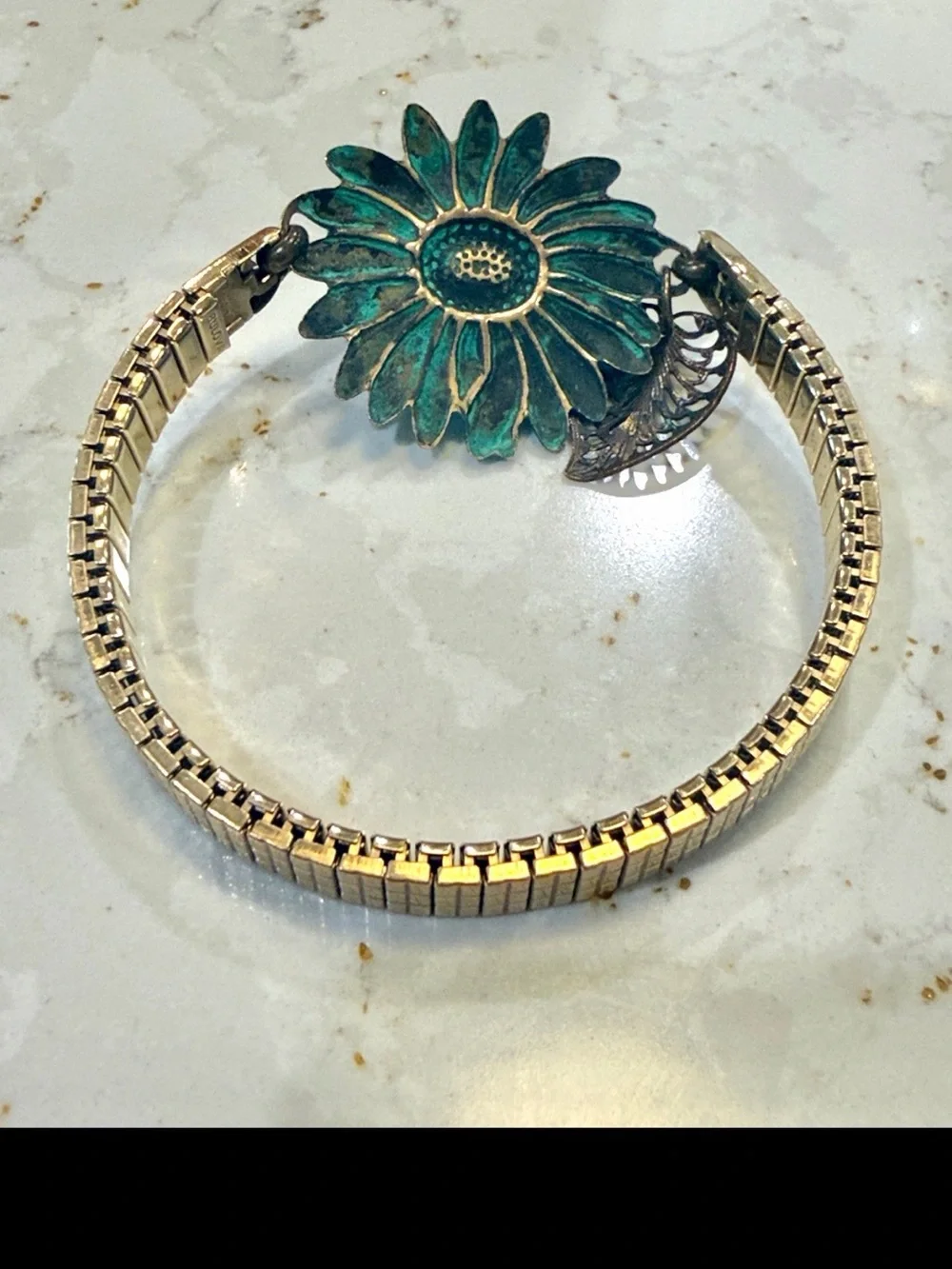 Antique Gold Floral Bracelet with Turquoise Patina Accents